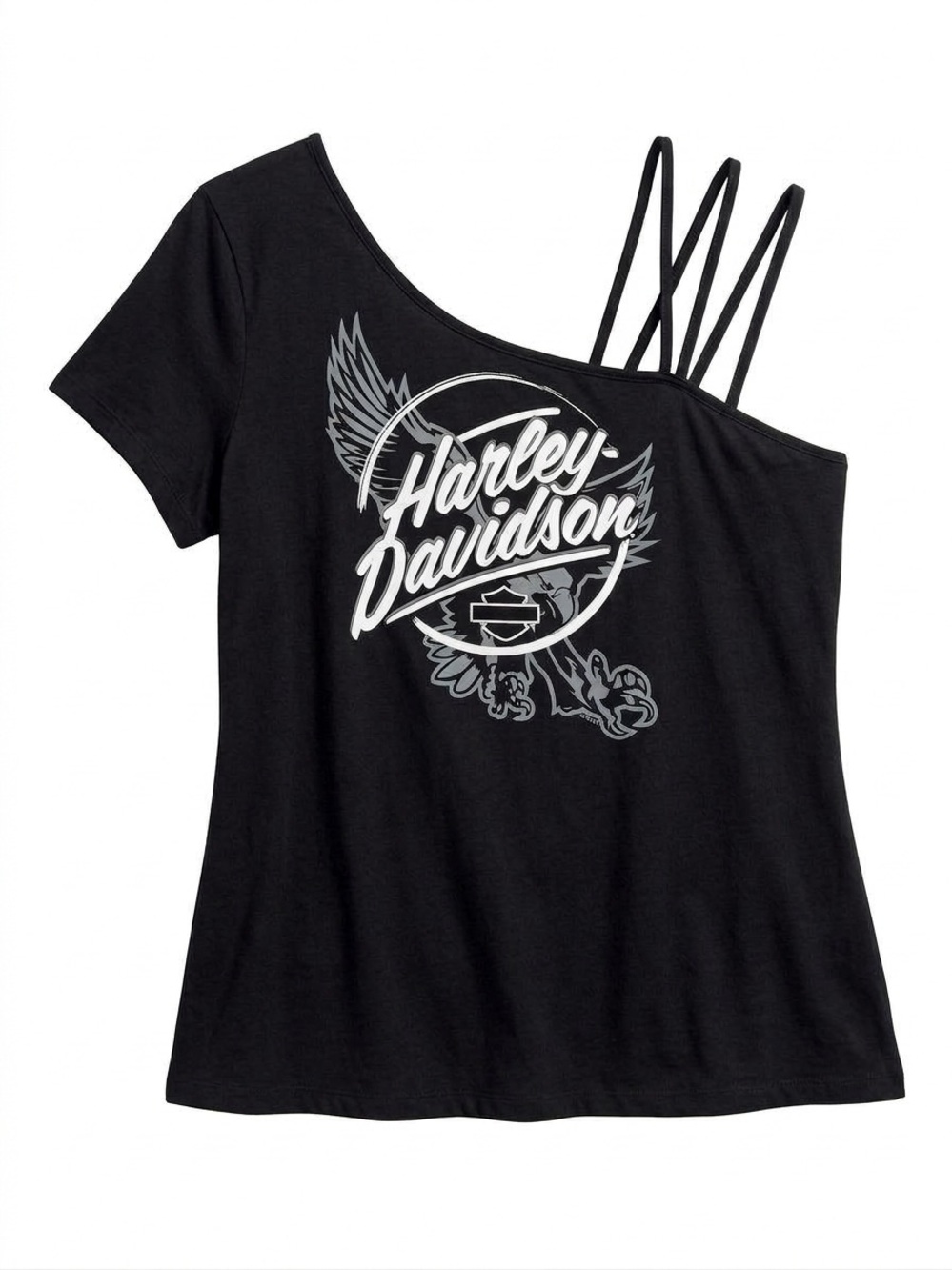 Women’s Harley-Davidson Black One-Shoulder Triple-Strap Logo Tee Size 1X